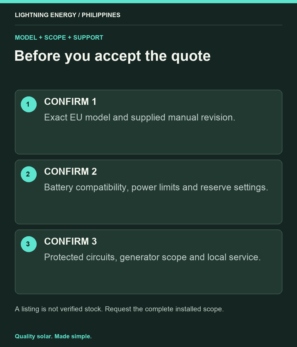 Before you accept the quote. CONFIRM 1: Exact EU model and supplied manual revision. CONFIRM 2: Battery compatibility, power limits and reserve settings. CONFIRM 3: Protected circuits, generator scope and local service.