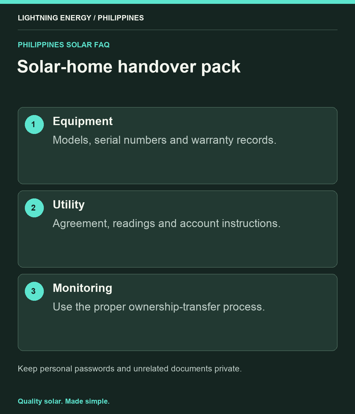 Solar-home handover pack. Equipment: Models, serial numbers and warranty records. Utility: Agreement, readings and account instructions. Monitoring: Use the proper ownership-transfer process.