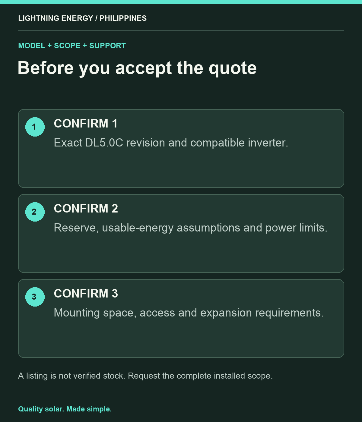 Before you accept the quote. CONFIRM 1: Exact DL5.0C revision and compatible inverter. CONFIRM 2: Reserve, usable-energy assumptions and power limits. CONFIRM 3: Mounting space, access and expansion requirements.
