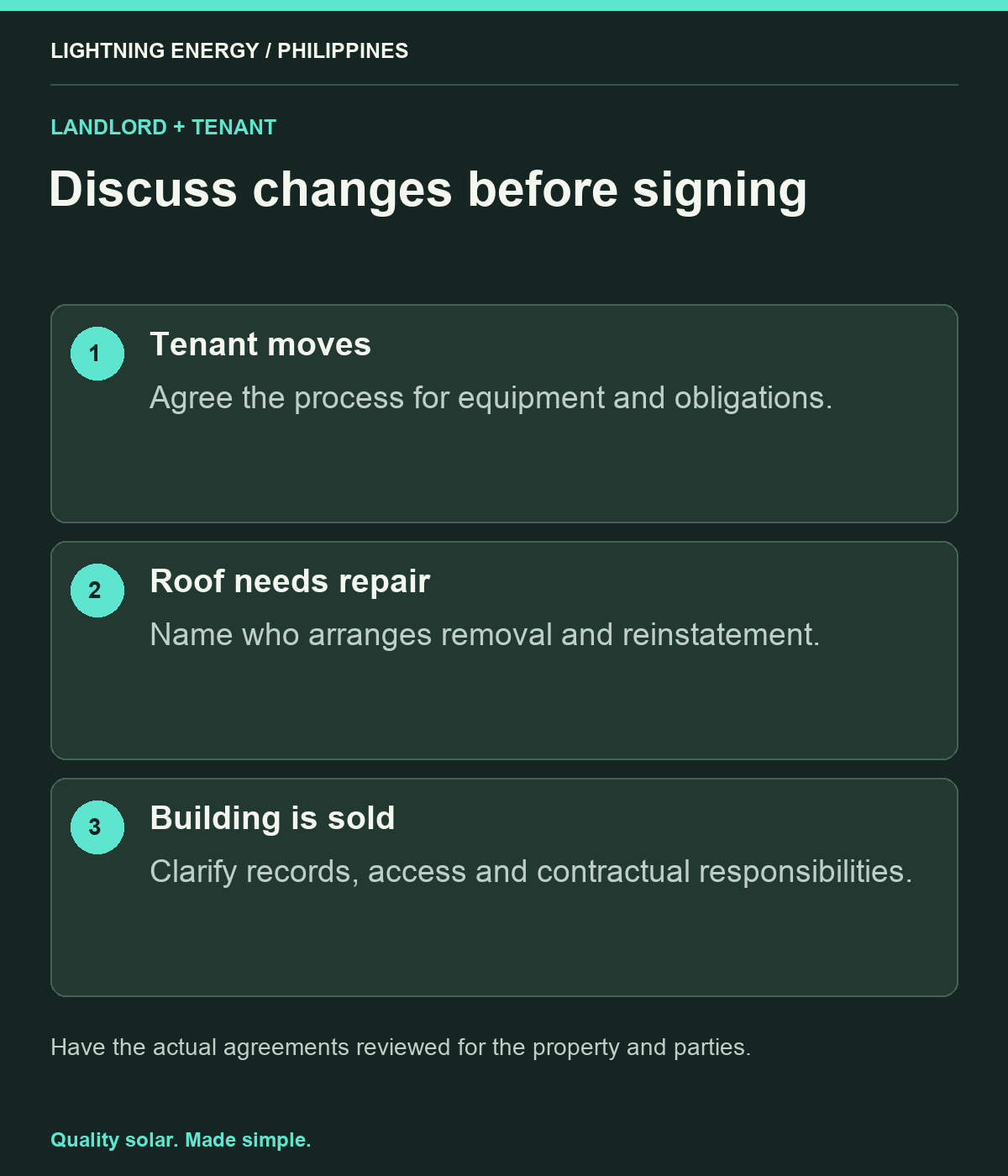 Discuss changes before signing. Tenant moves: Agree the process for equipment and obligations. Roof needs repair: Name who arranges removal and reinstatement. Building is sold: Clarify records, access and contractual responsibilities.