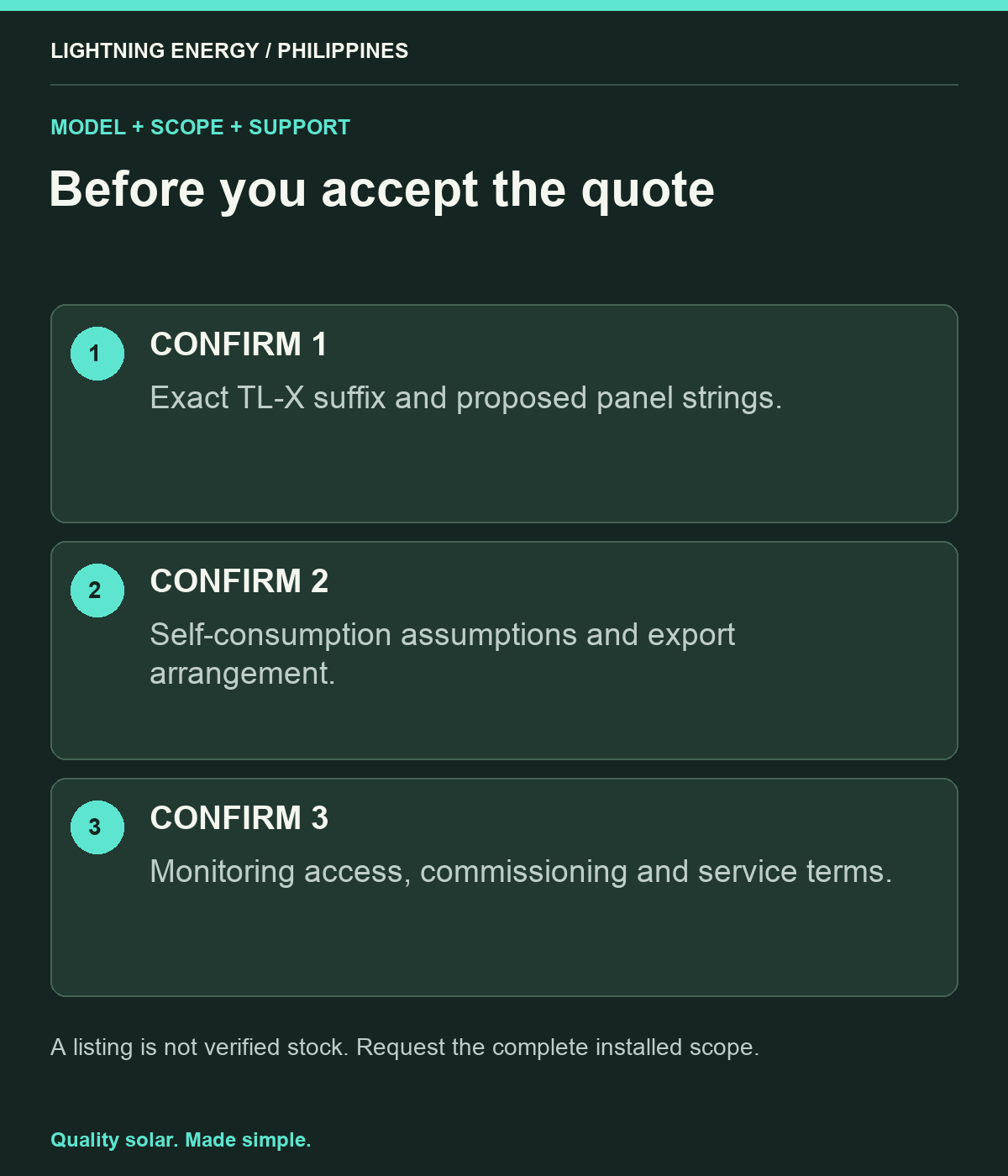 Before you accept the quote. CONFIRM 1: Exact TL-X suffix and proposed panel strings. CONFIRM 2: Self-consumption assumptions and export arrangement. CONFIRM 3: Monitoring access, commissioning and service terms.