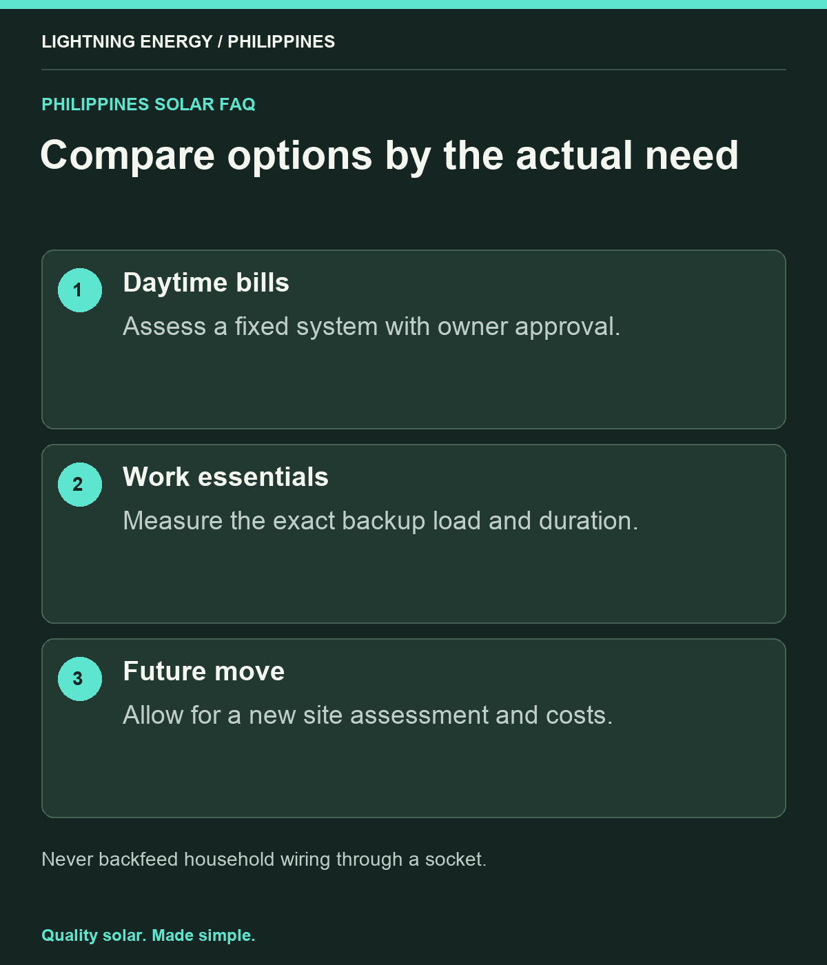 Compare options by the actual need. Daytime bills: Assess a fixed system with owner approval. Work essentials: Measure the exact backup load and duration. Future move: Allow for a new site assessment and costs.