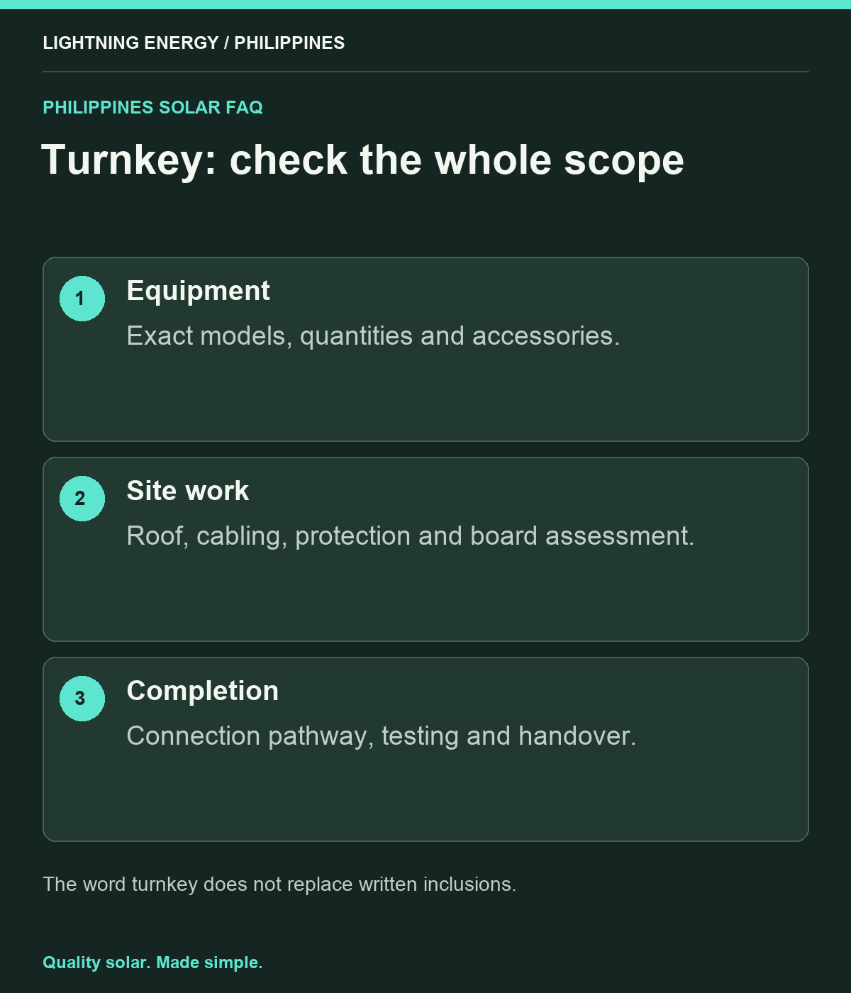 Turnkey: check the whole scope. Equipment: Exact models, quantities and accessories. Site work: Roof, cabling, protection and board assessment. Completion: Connection pathway, testing and handover.
