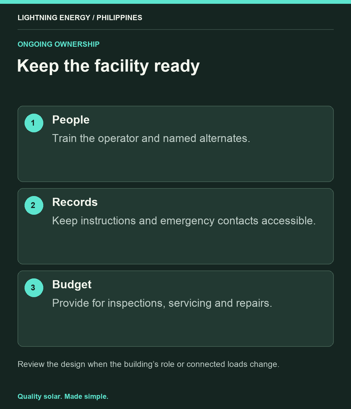 Keep the facility ready. People: Train the operator and named alternates. Records: Keep instructions and emergency contacts accessible. Budget: Provide for inspections, servicing and repairs.