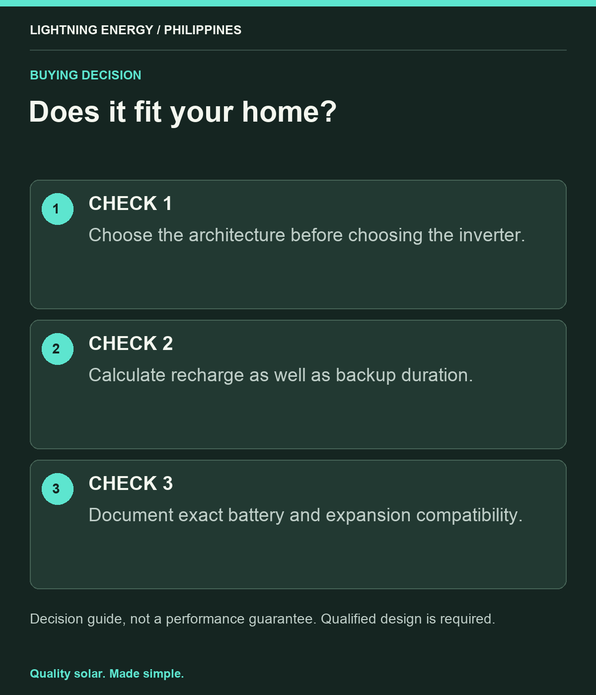 Does it fit your home?. CHECK 1: Choose the architecture before choosing the inverter. CHECK 2: Calculate recharge as well as backup duration. CHECK 3: Document exact battery and expansion compatibility.