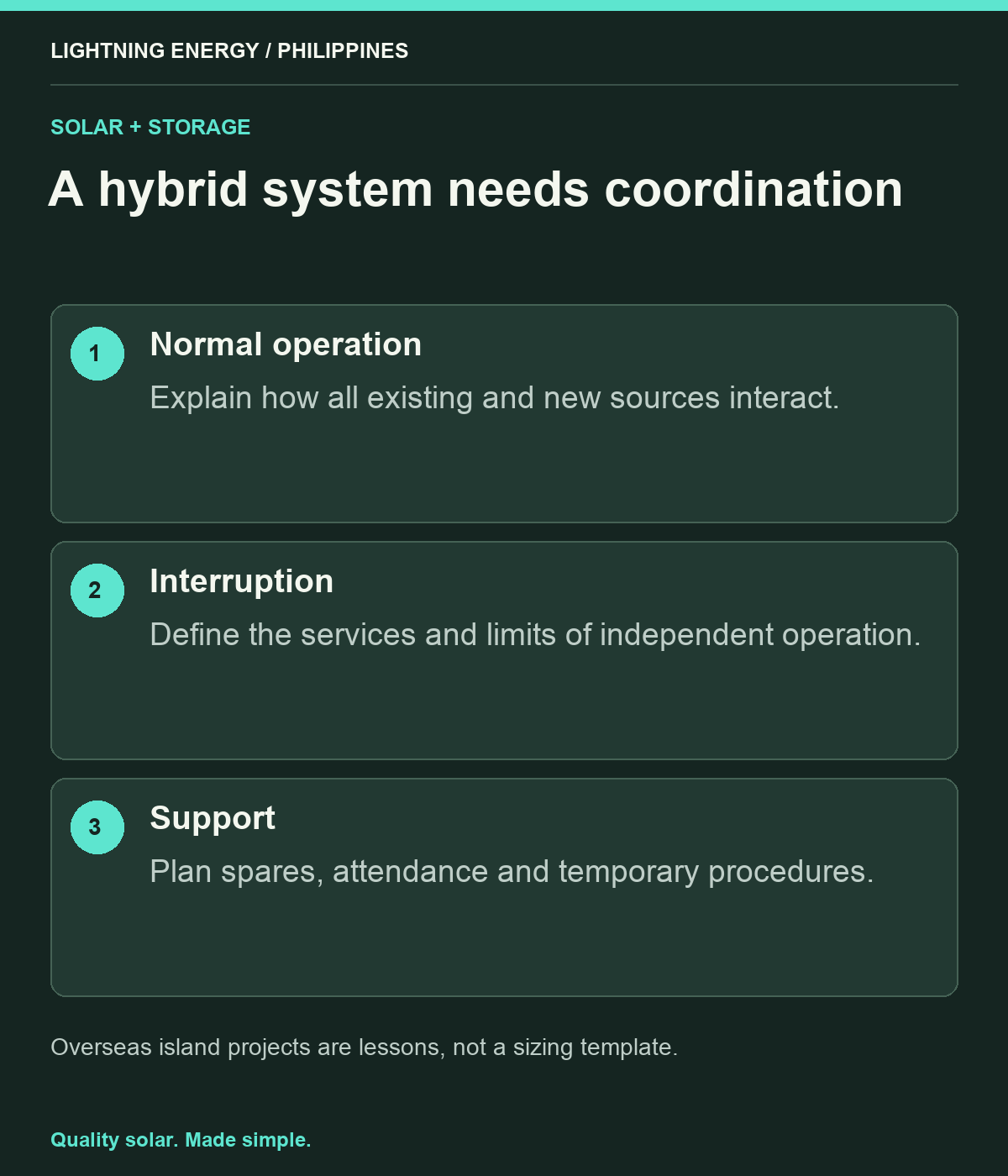 A hybrid system needs coordination. Normal operation: Explain how all existing and new sources interact. Interruption: Define the services and limits of independent operation. Support: Plan spares, attendance and temporary procedures.