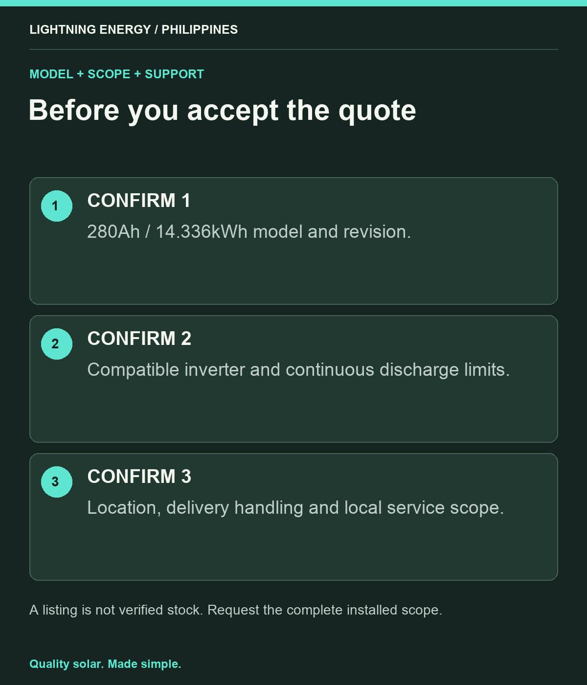 Before you accept the quote. CONFIRM 1: 280Ah / 14.336kWh model and revision. CONFIRM 2: Compatible inverter and continuous discharge limits. CONFIRM 3: Location, delivery handling and local service scope.
