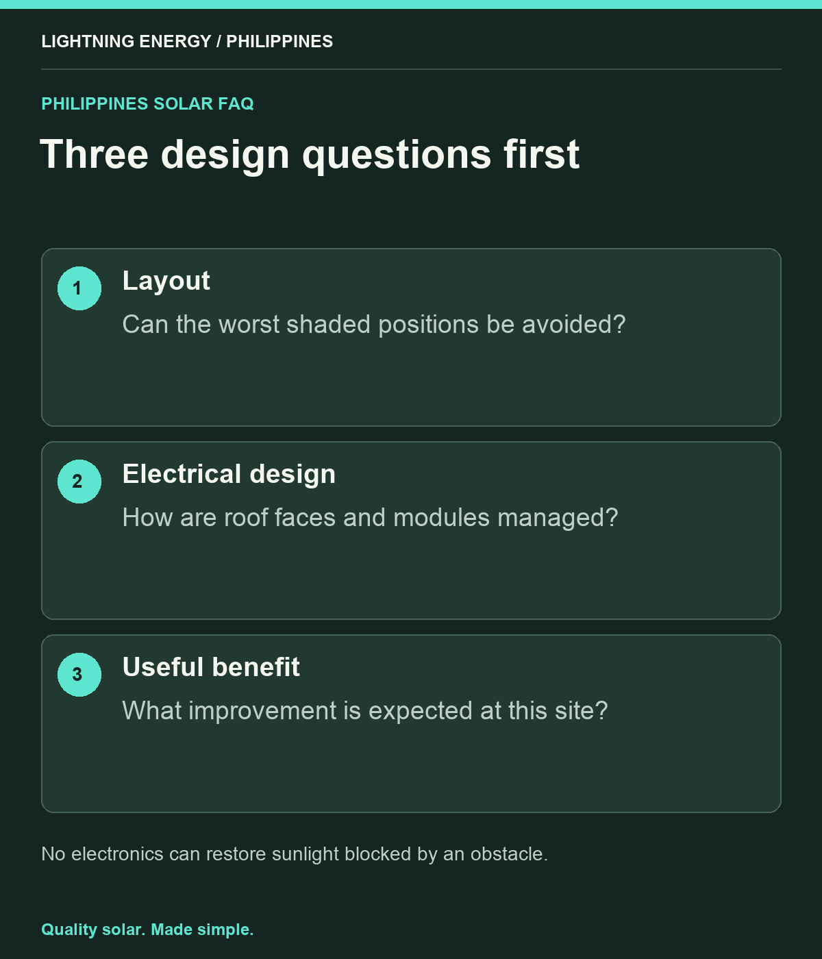 Three design questions first. Layout: Can the worst shaded positions be avoided? Electrical design: How are roof faces and modules managed? Useful benefit: What improvement is expected at this site?