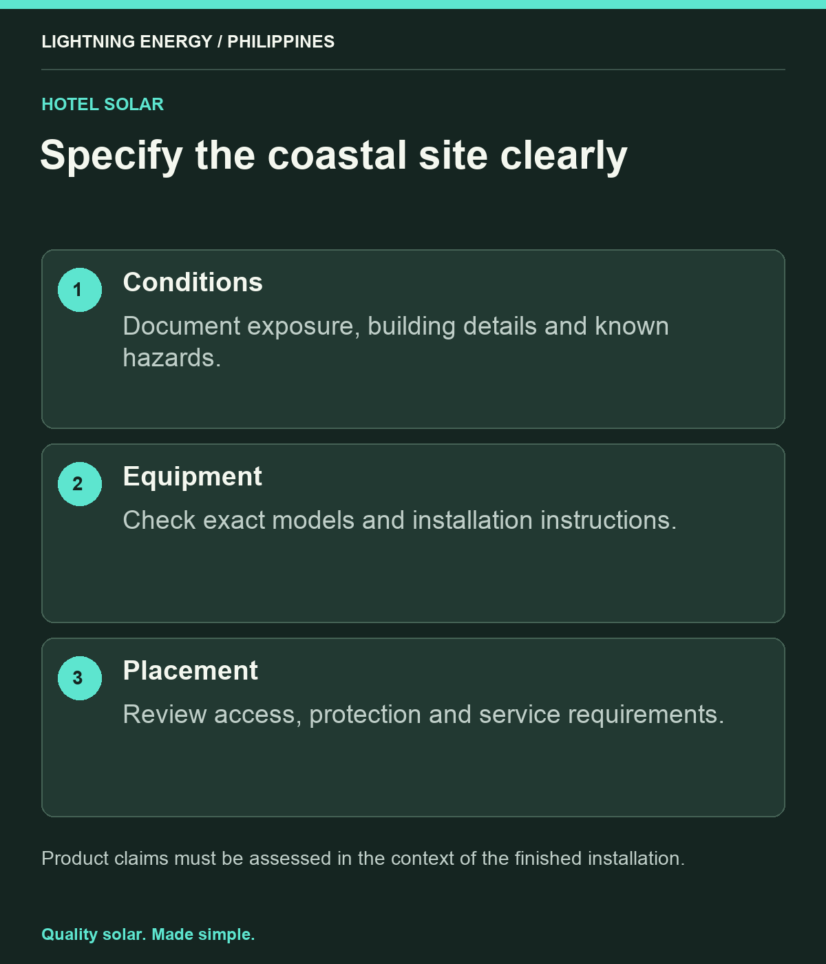 Specify the coastal site clearly. Conditions: Document exposure, building details and known hazards. Equipment: Check exact models and installation instructions. Placement: Review access, protection and service requirements.