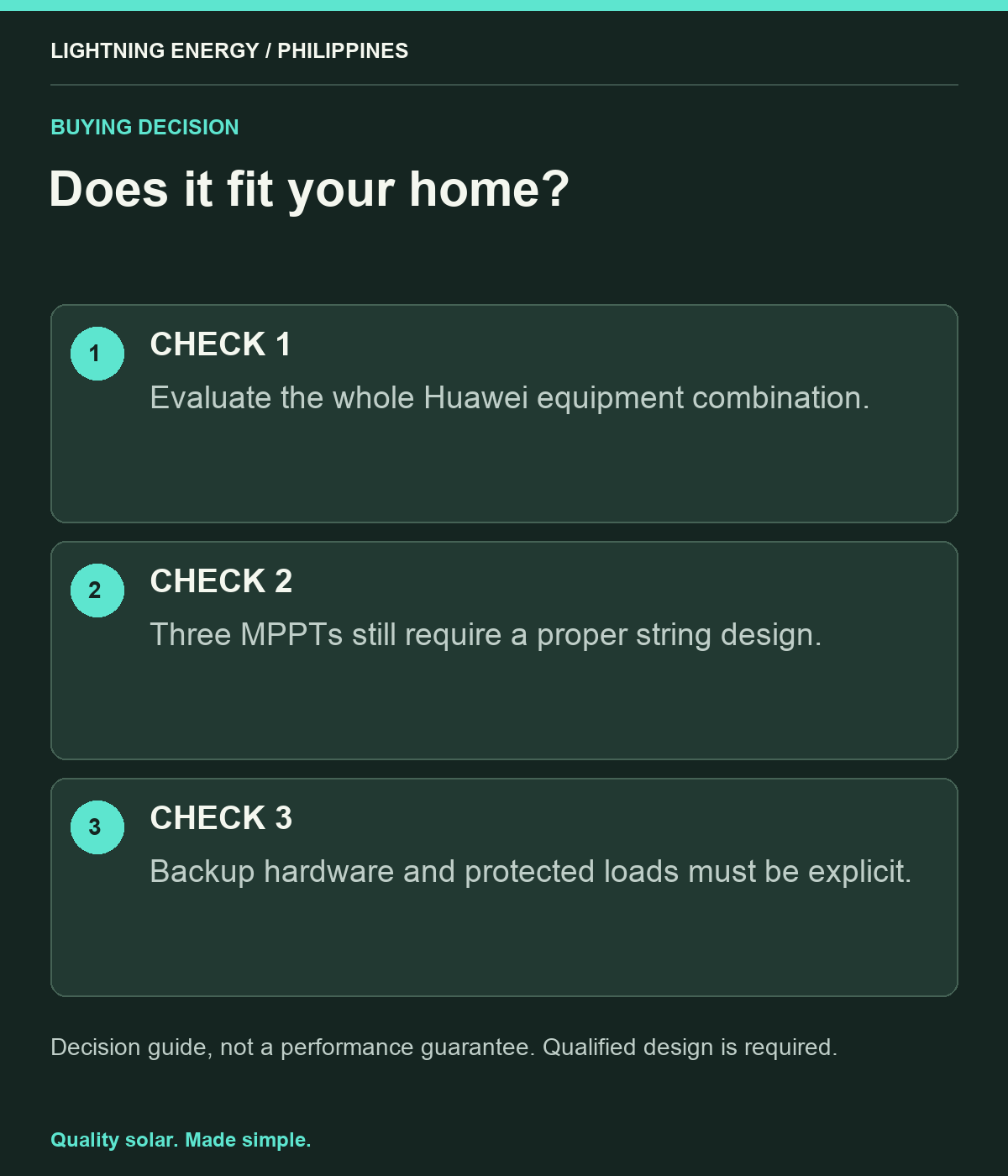 Does it fit your home?. CHECK 1: Evaluate the whole Huawei equipment combination. CHECK 2: Three MPPTs still require a proper string design. CHECK 3: Backup hardware and protected loads must be explicit.