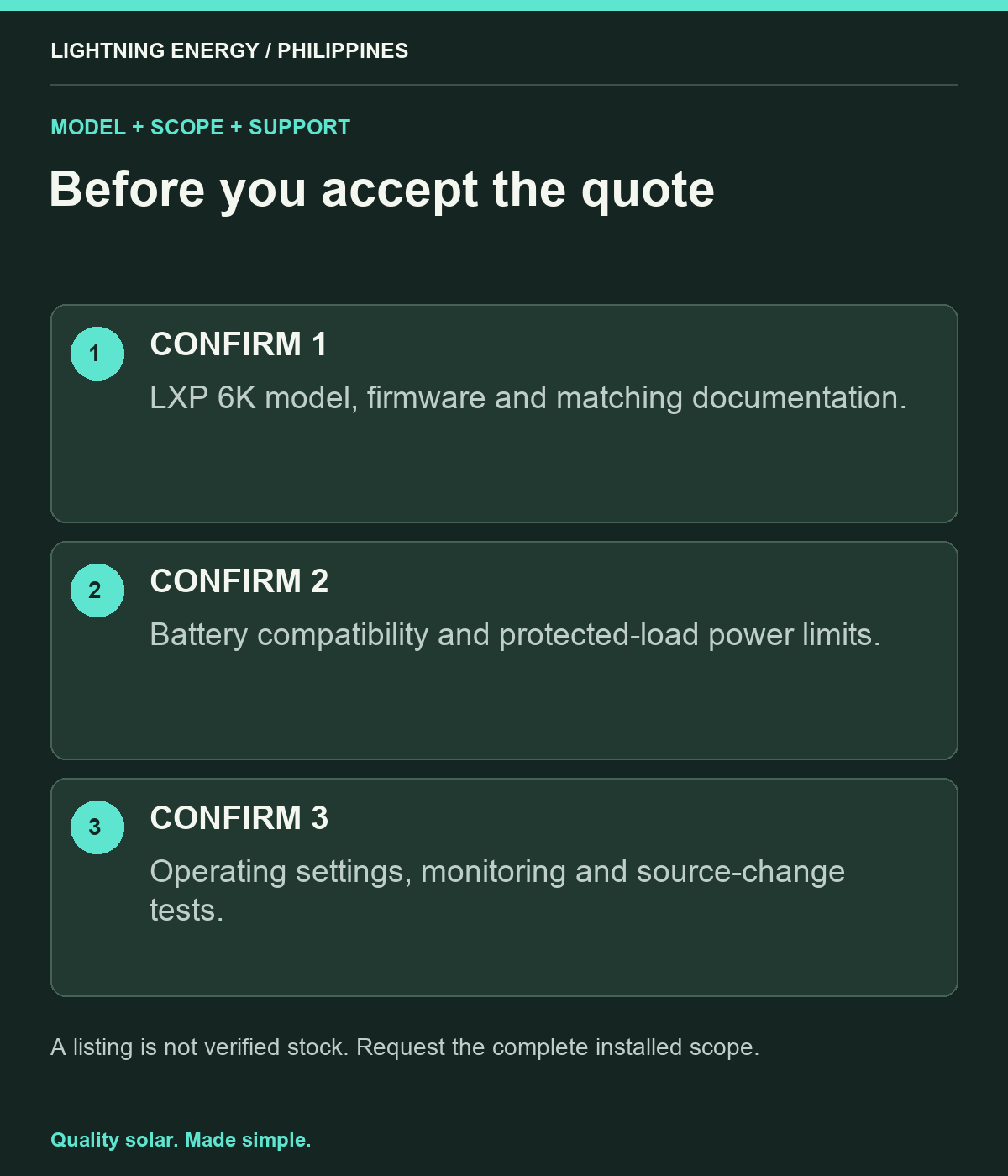 Before you accept the quote. CONFIRM 1: LXP 6K model, firmware and matching documentation. CONFIRM 2: Battery compatibility and protected-load power limits. CONFIRM 3: Operating settings, monitoring and source-change tests.