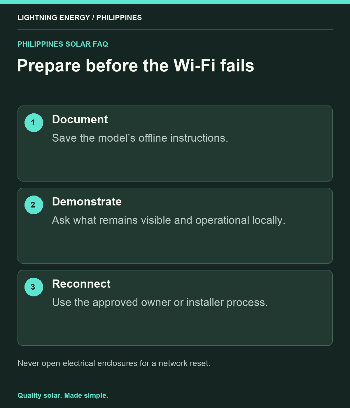 Prepare before the Wi-Fi fails. Document: Save the model’s offline instructions. Demonstrate: Ask what remains visible and operational locally. Reconnect: Use the approved owner or installer process.