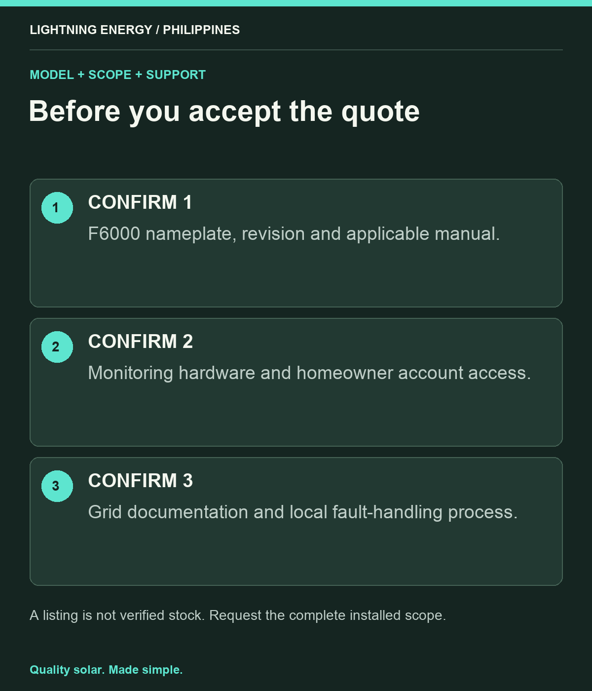 Before you accept the quote. CONFIRM 1: F6000 nameplate, revision and applicable manual. CONFIRM 2: Monitoring hardware and homeowner account access. CONFIRM 3: Grid documentation and local fault-handling process.
