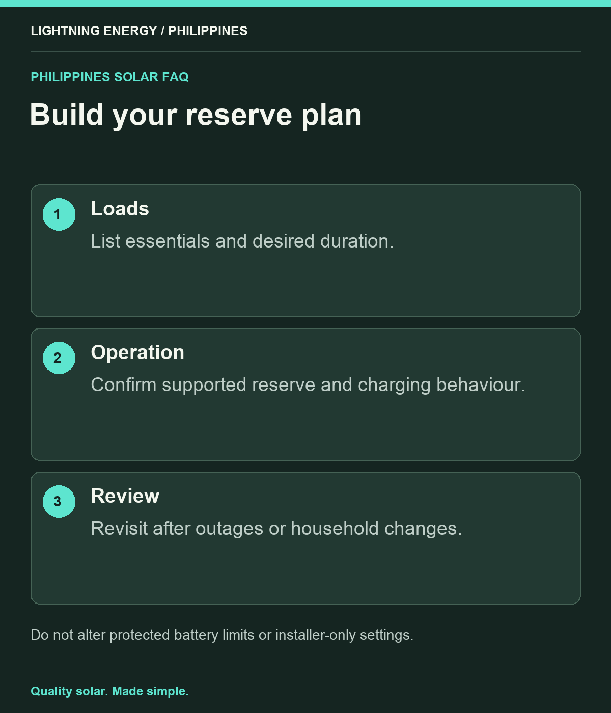 Build your reserve plan. Loads: List essentials and desired duration. Operation: Confirm supported reserve and charging behaviour. Review: Revisit after outages or household changes.