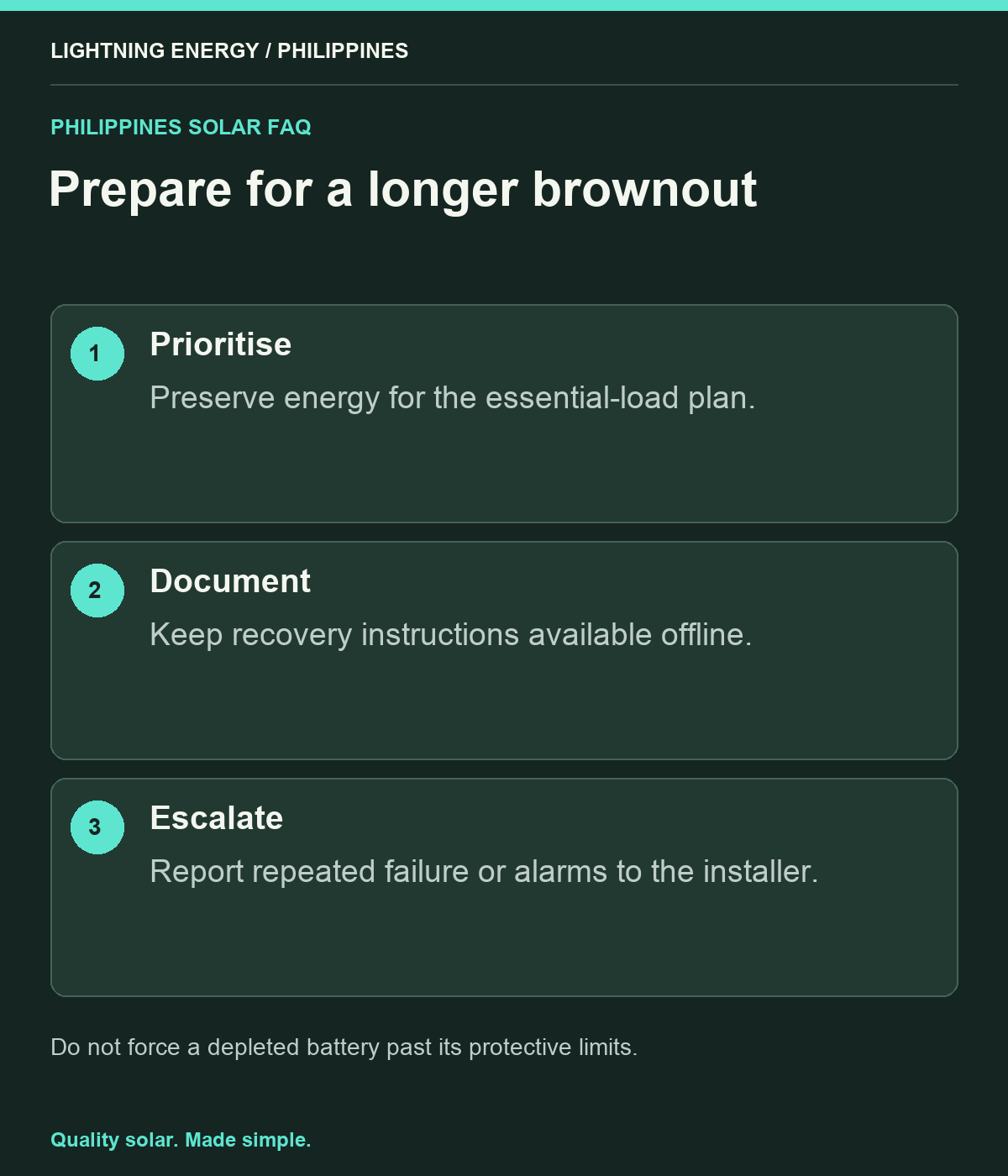 Prepare for a longer brownout. Prioritise: Preserve energy for the essential-load plan. Document: Keep recovery instructions available offline. Escalate: Report repeated failure or alarms to the installer.