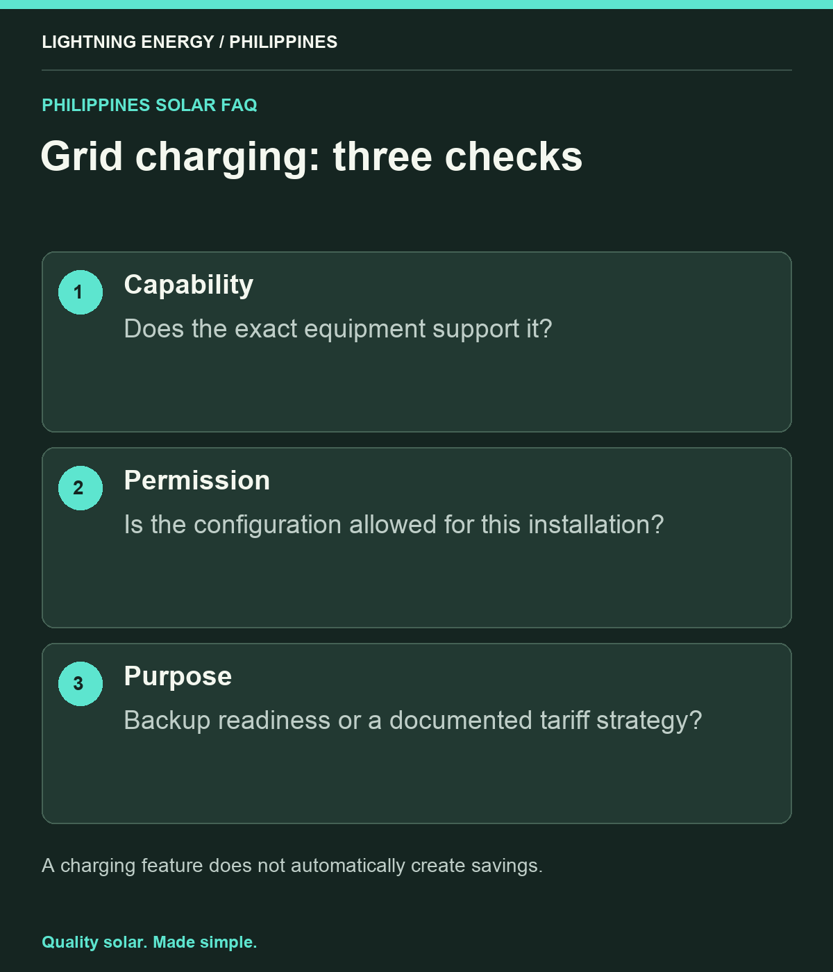 Grid charging: three checks. Capability: Does the exact equipment support it? Permission: Is the configuration allowed for this installation? Purpose: Backup readiness or a documented tariff strategy?