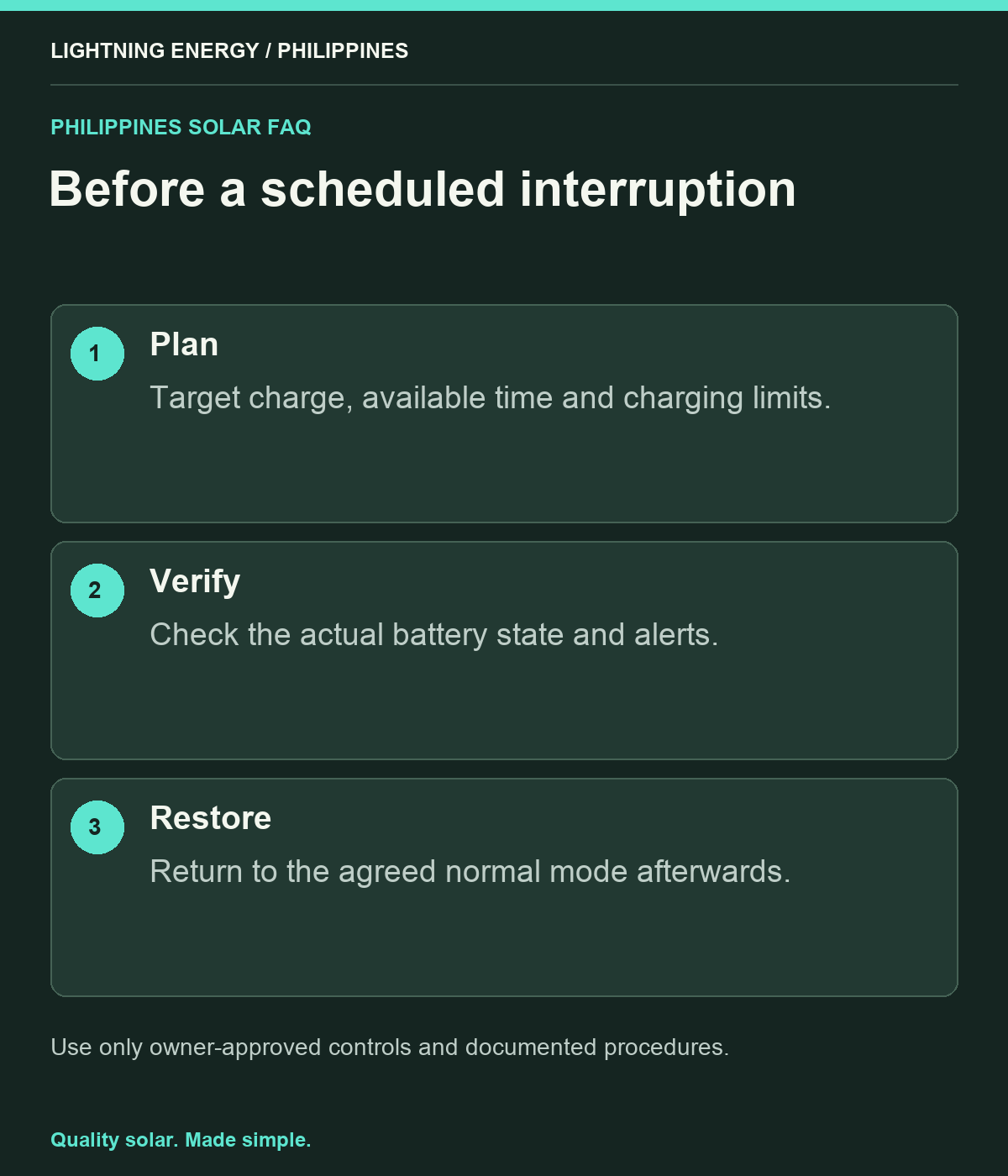 Before a scheduled interruption. Plan: Target charge, available time and charging limits. Verify: Check the actual battery state and alerts. Restore: Return to the agreed normal mode afterwards.