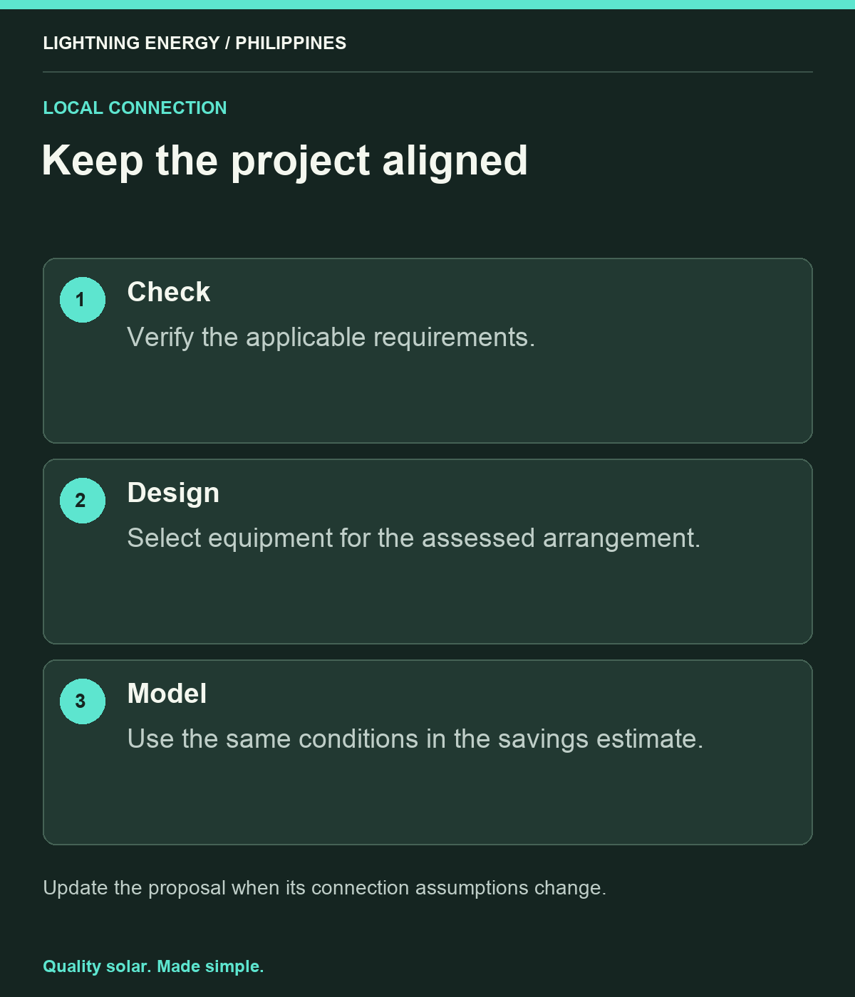 Keep the project aligned. Check: Verify the applicable requirements. Design: Select equipment for the assessed arrangement. Model: Use the same conditions in the savings estimate.