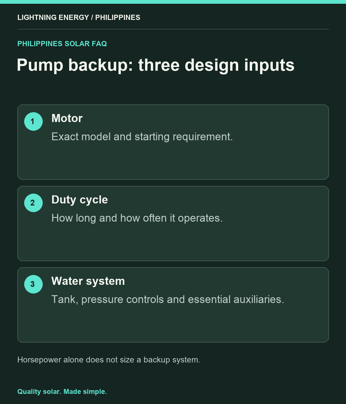 Pump backup: three design inputs. Motor: Exact model and starting requirement. Duty cycle: How long and how often it operates. Water system: Tank, pressure controls and essential auxiliaries.