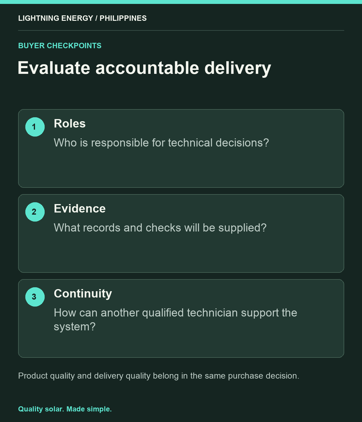 Evaluate accountable delivery. Roles: Who is responsible for technical decisions? Evidence: What records and checks will be supplied? Continuity: How can another qualified technician support the system?