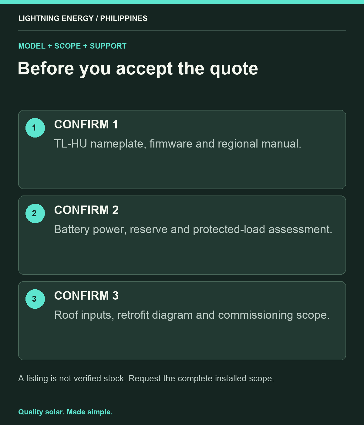 Before you accept the quote. CONFIRM 1: TL-HU nameplate, firmware and regional manual. CONFIRM 2: Battery power, reserve and protected-load assessment. CONFIRM 3: Roof inputs, retrofit diagram and commissioning scope.