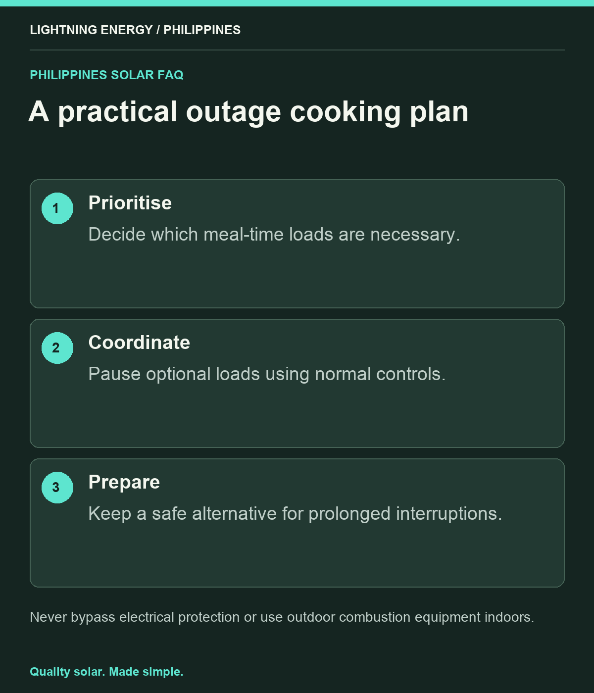 A practical outage cooking plan. Prioritise: Decide which meal-time loads are necessary. Coordinate: Pause optional loads using normal controls. Prepare: Keep a safe alternative for prolonged interruptions.