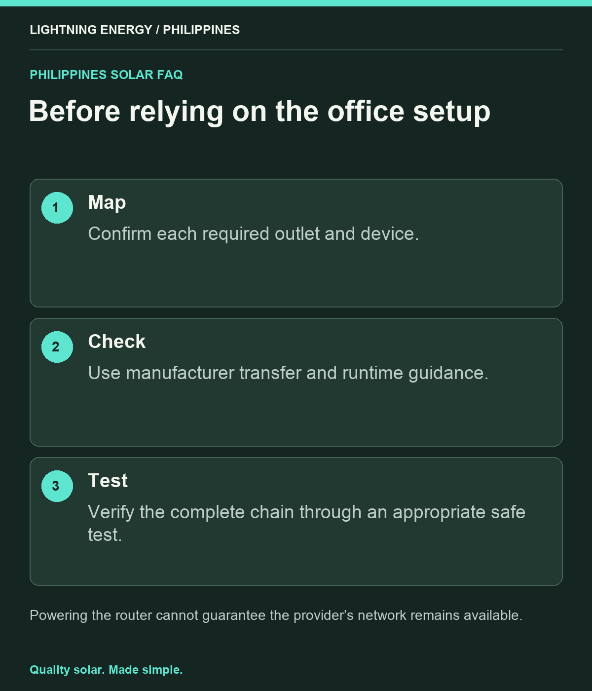 Before relying on the office setup. Map: Confirm each required outlet and device. Check: Use manufacturer transfer and runtime guidance. Test: Verify the complete chain through an appropriate safe test.