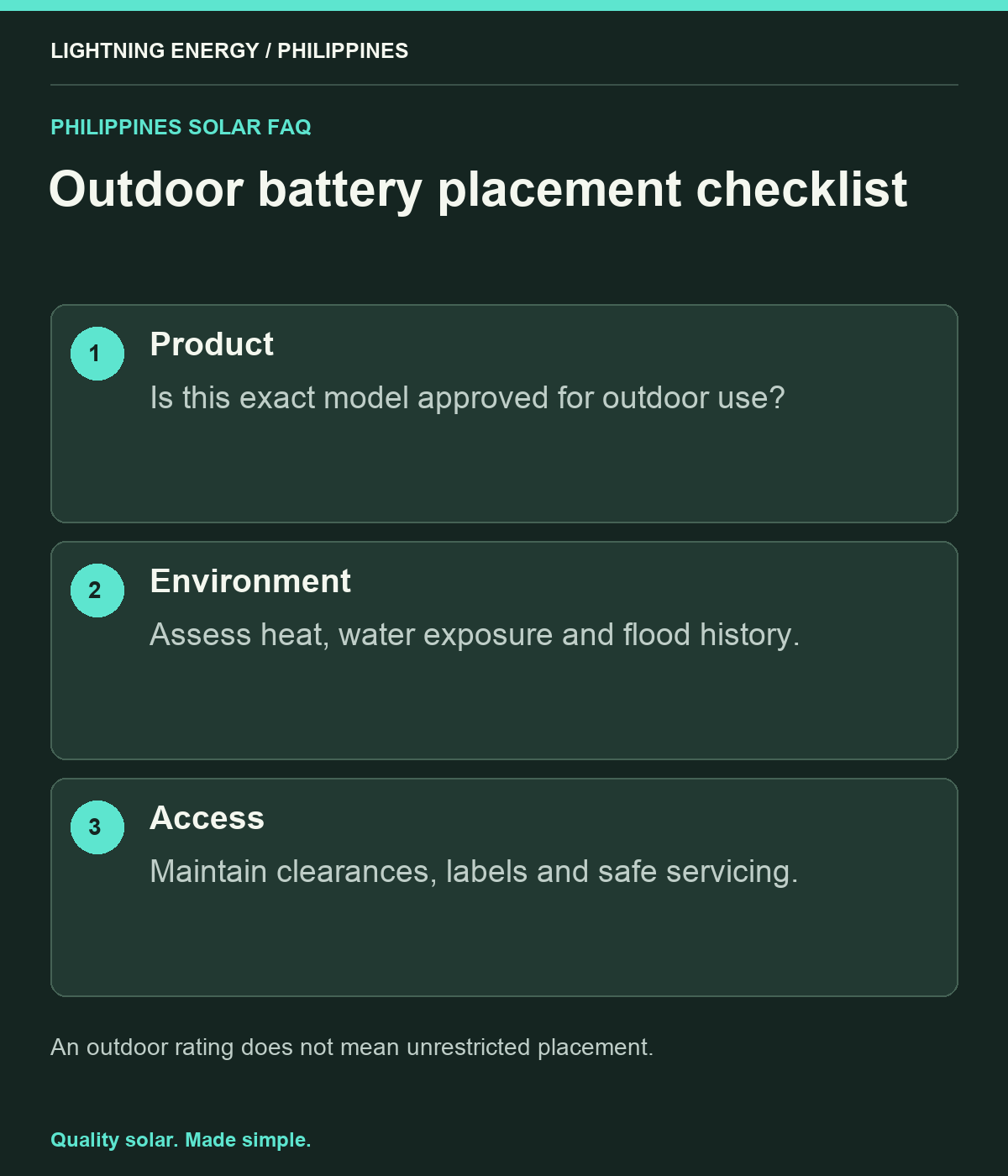 Outdoor battery placement checklist. Product: Is this exact model approved for outdoor use? Environment: Assess heat, water exposure and flood history. Access: Maintain clearances, labels and safe servicing.