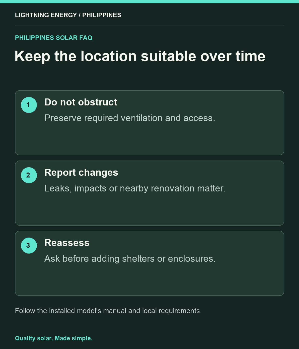 Keep the location suitable over time. Do not obstruct: Preserve required ventilation and access. Report changes: Leaks, impacts or nearby renovation matter. Reassess: Ask before adding shelters or enclosures.