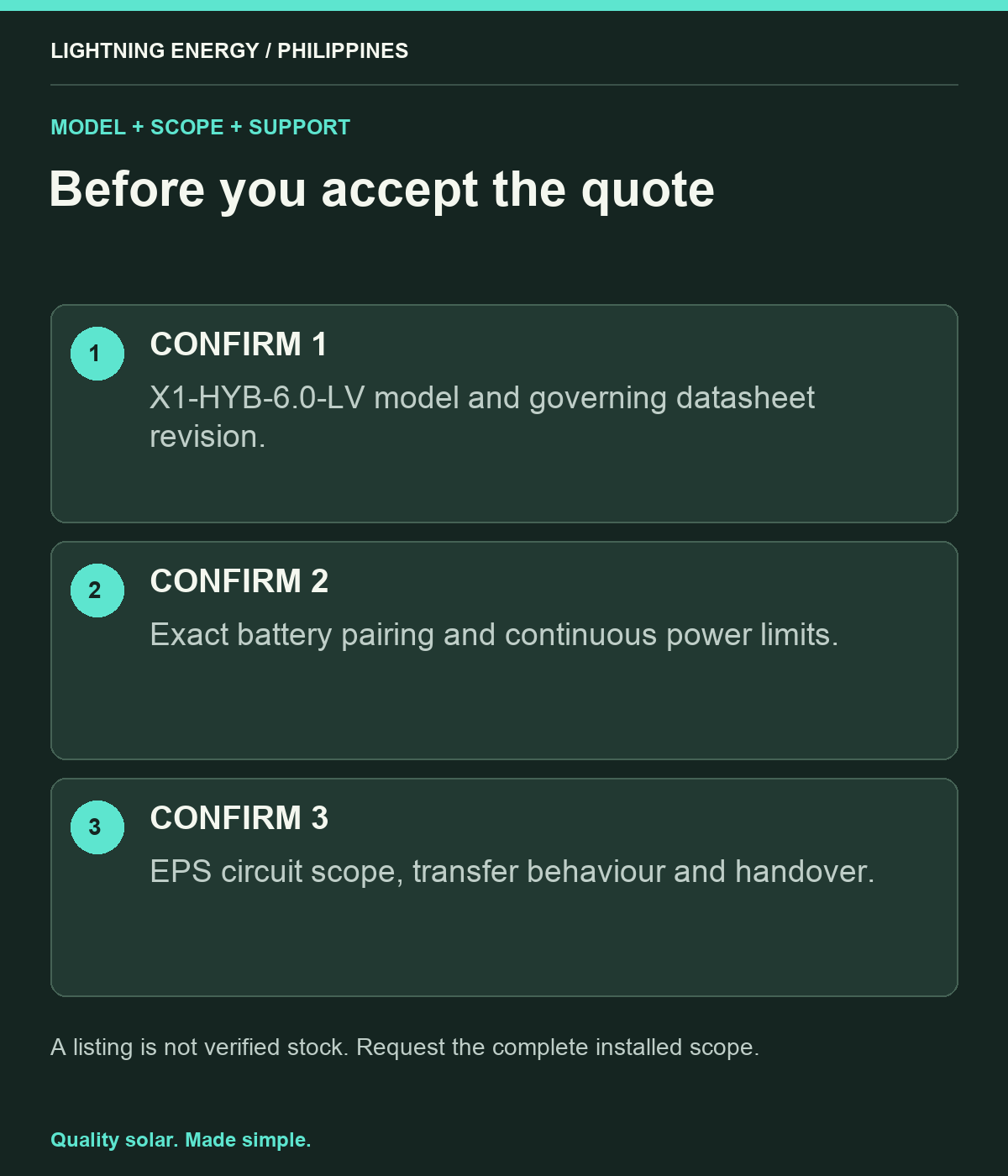 Before you accept the quote. CONFIRM 1: X1-HYB-6.0-LV model and governing datasheet revision. CONFIRM 2: Exact battery pairing and continuous power limits. CONFIRM 3: EPS circuit scope, transfer behaviour and handover.