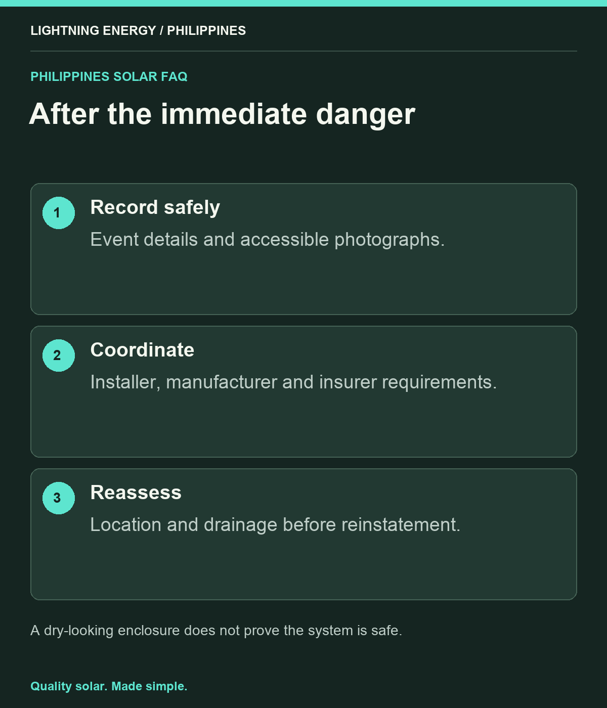 After the immediate danger. Record safely: Event details and accessible photographs. Coordinate: Installer, manufacturer and insurer requirements. Reassess: Location and drainage before reinstatement.