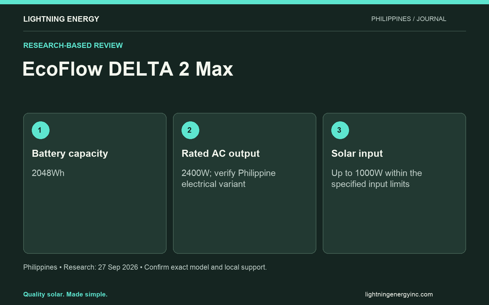 EcoFlow DELTA 2 Max. Battery capacity: 2048Wh Rated AC output: 2400W; verify Philippine electrical variant Solar input: Up to 1000W within the specified input limits