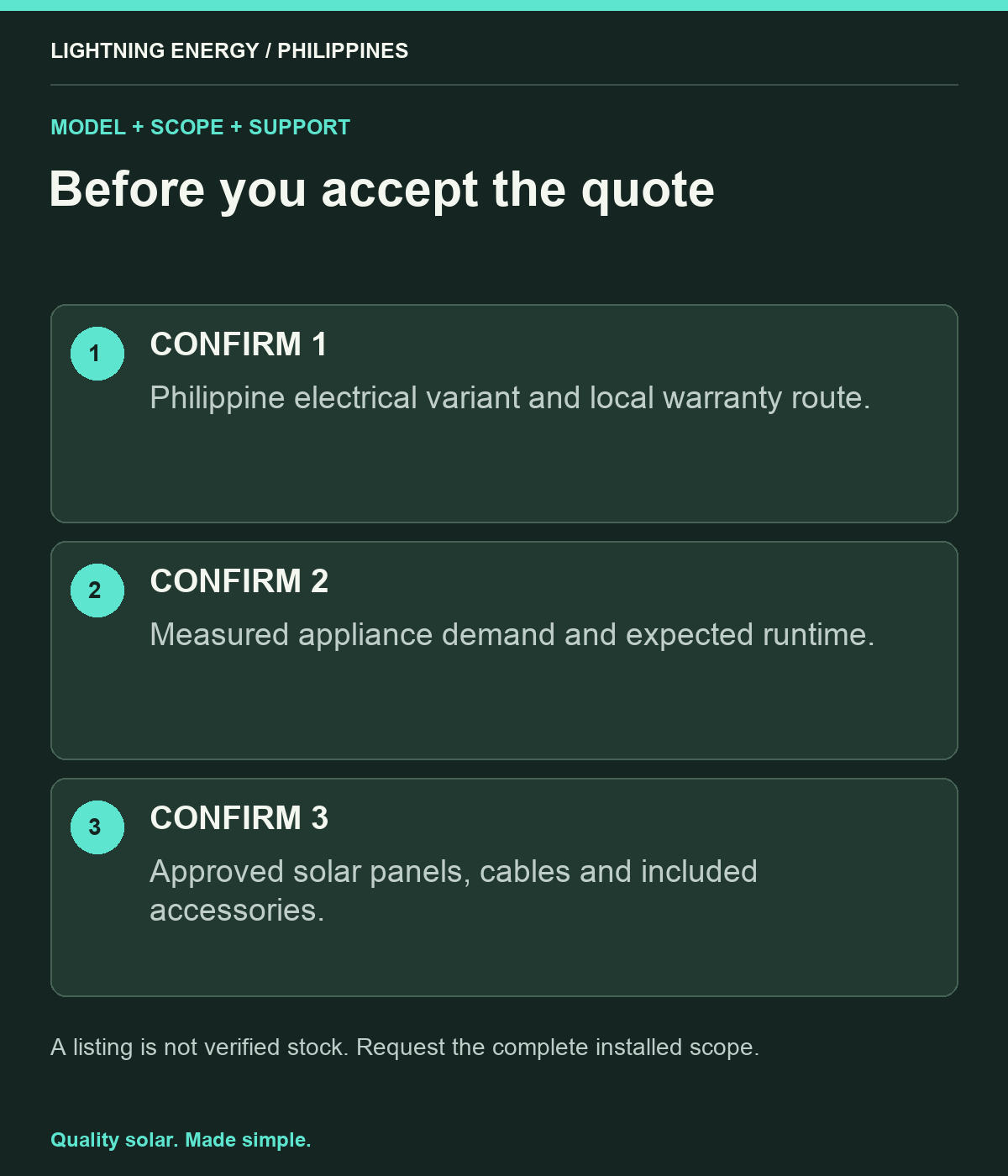 Before you accept the quote. CONFIRM 1: Philippine electrical variant and local warranty route. CONFIRM 2: Measured appliance demand and expected runtime. CONFIRM 3: Approved solar panels, cables and included accessories.