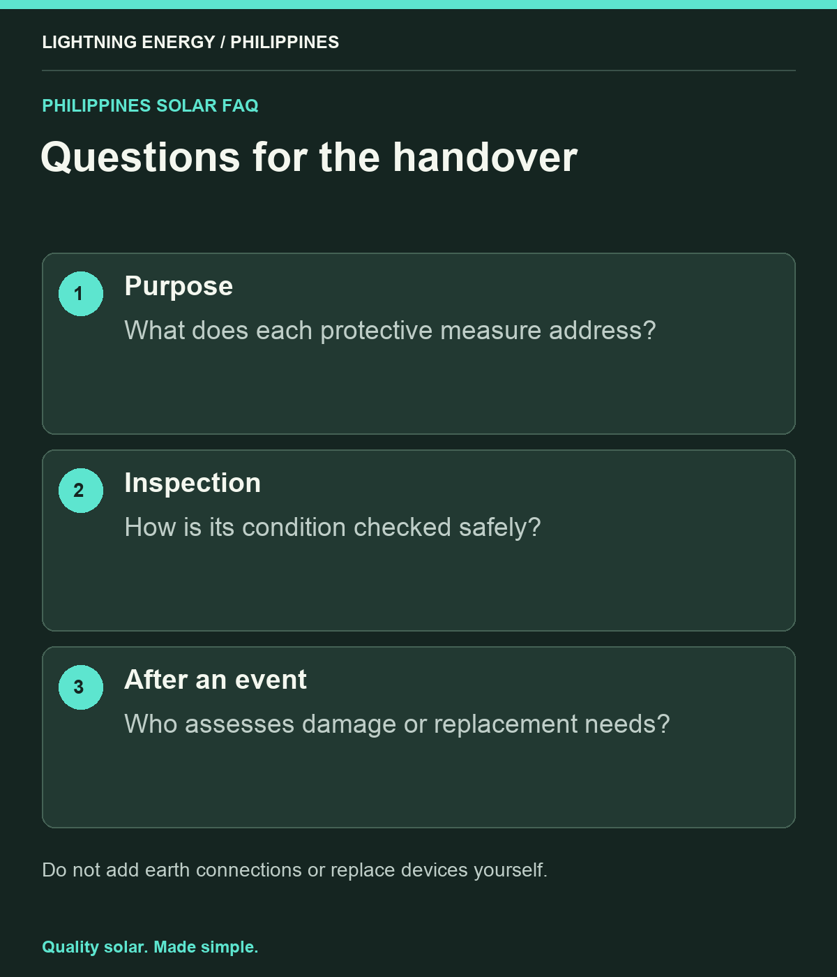 Questions for the handover. Purpose: What does each protective measure address? Inspection: How is its condition checked safely? After an event: Who assesses damage or replacement needs?