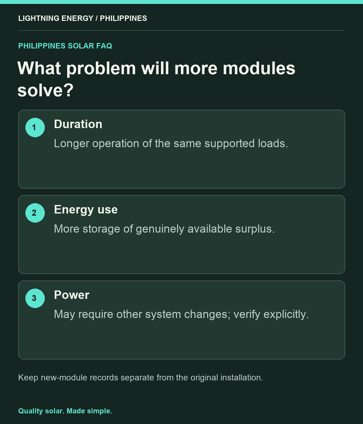 What problem will more modules solve?. Duration: Longer operation of the same supported loads. Energy use: More storage of genuinely available surplus. Power: May require other system changes; verify explicitly.