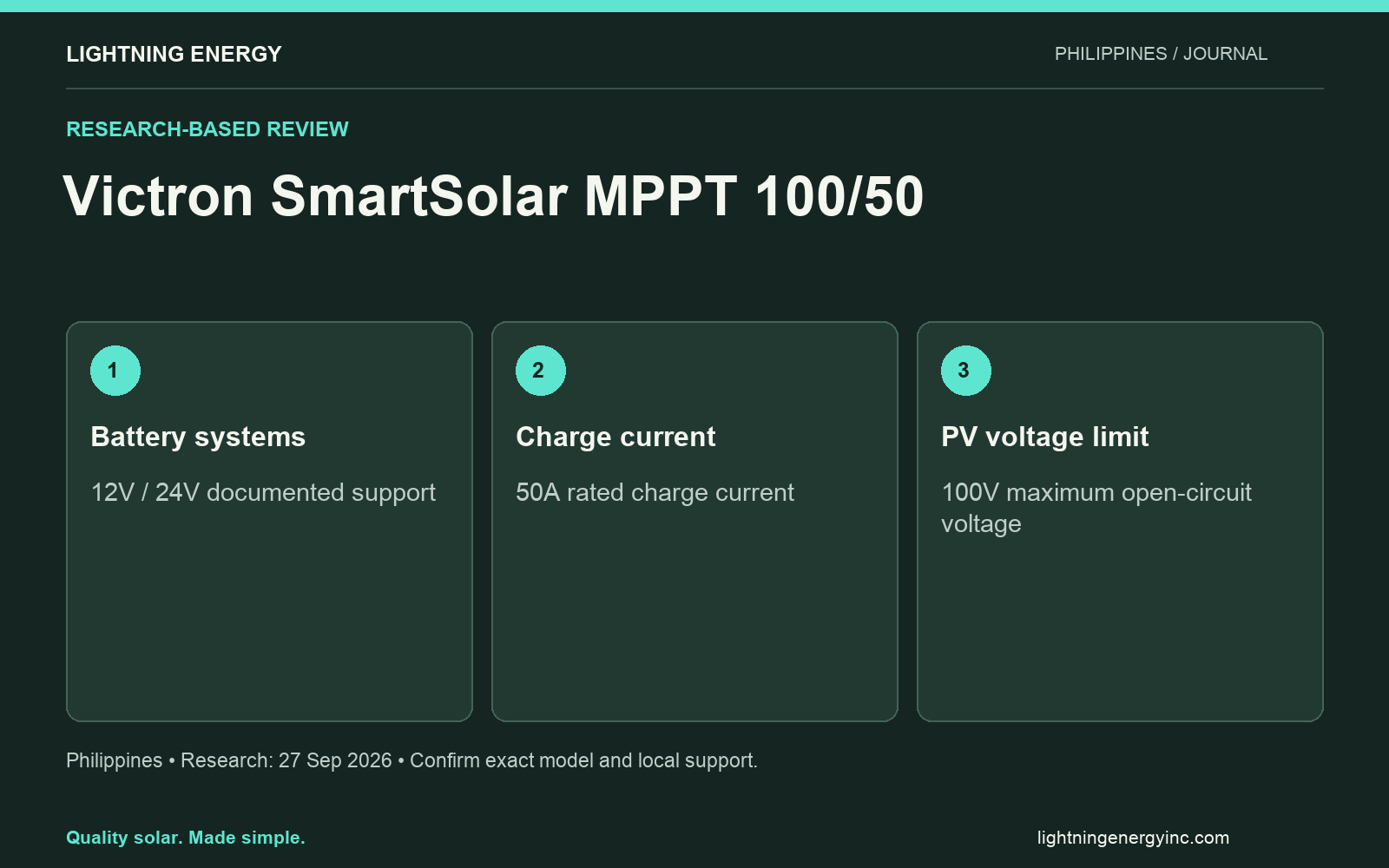 Victron SmartSolar MPPT 100/50. Battery systems: 12V / 24V documented support Charge current: 50A rated charge current PV voltage limit: 100V maximum open-circuit voltage