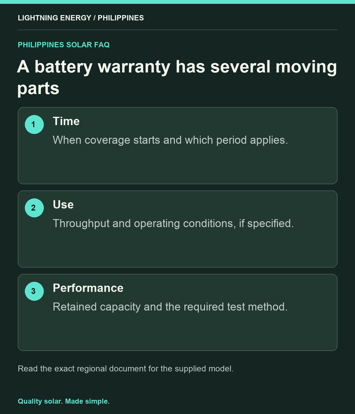 A battery warranty has several moving parts. Time: When coverage starts and which period applies. Use: Throughput and operating conditions, if specified. Performance: Retained capacity and the required test method.