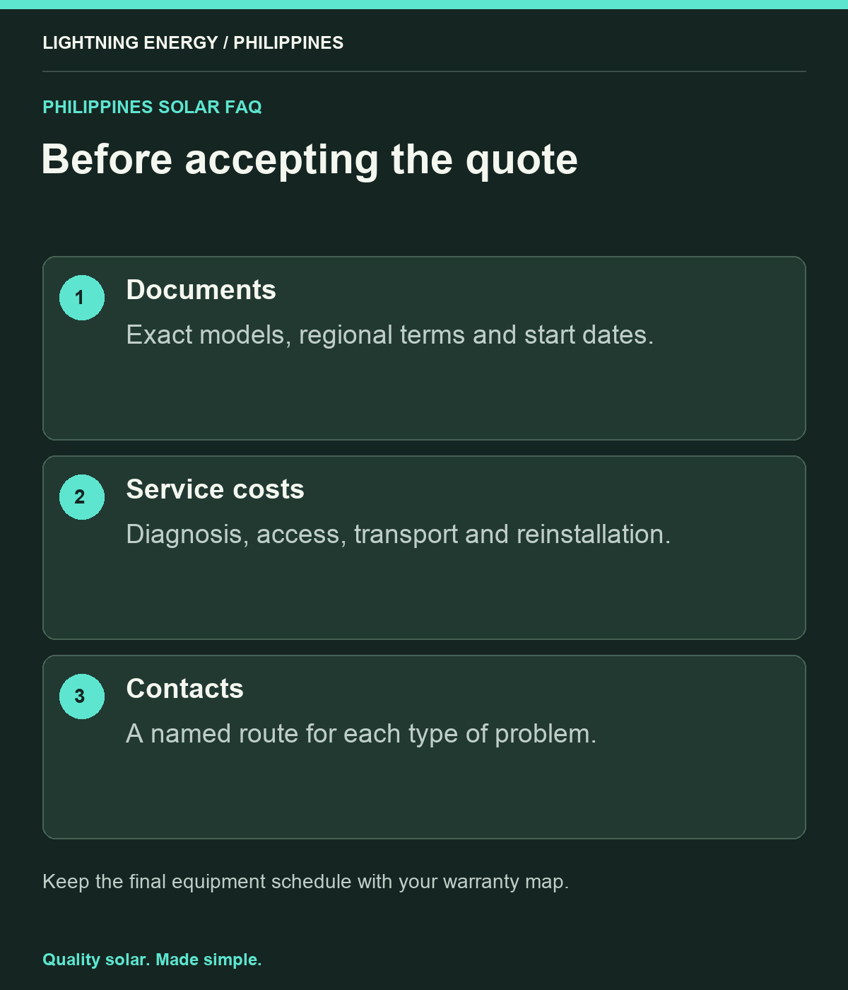 Before accepting the quote. Documents: Exact models, regional terms and start dates. Service costs: Diagnosis, access, transport and reinstallation. Contacts: A named route for each type of problem.