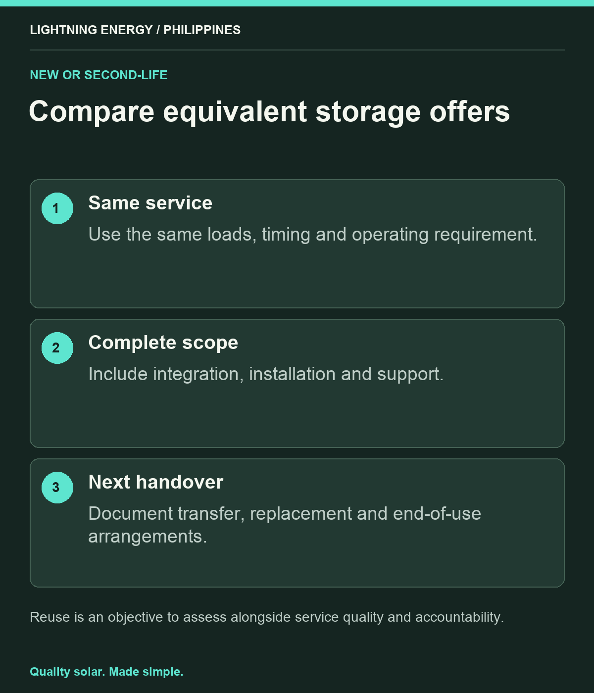 Compare equivalent storage offers. Same service: Use the same loads, timing and operating requirement. Complete scope: Include integration, installation and support. Next handover: Document transfer, replacement and end-of-use arrangements.