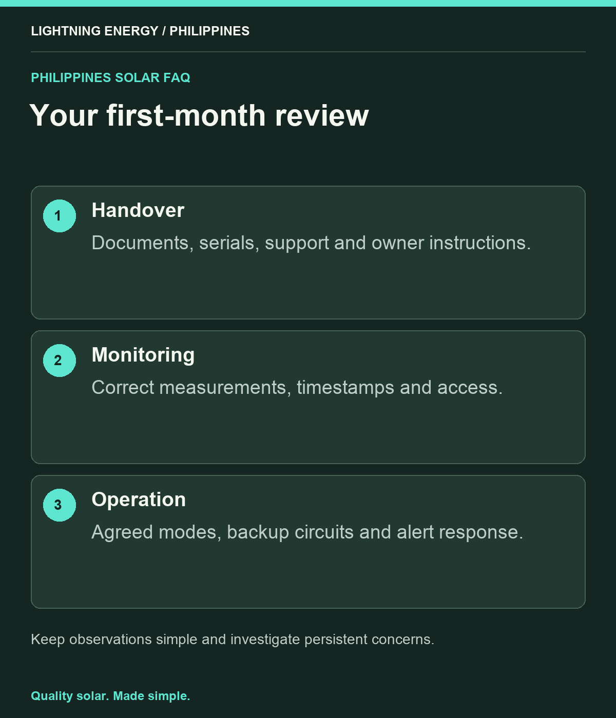 Your first-month review. Handover: Documents, serials, support and owner instructions. Monitoring: Correct measurements, timestamps and access. Operation: Agreed modes, backup circuits and alert response.