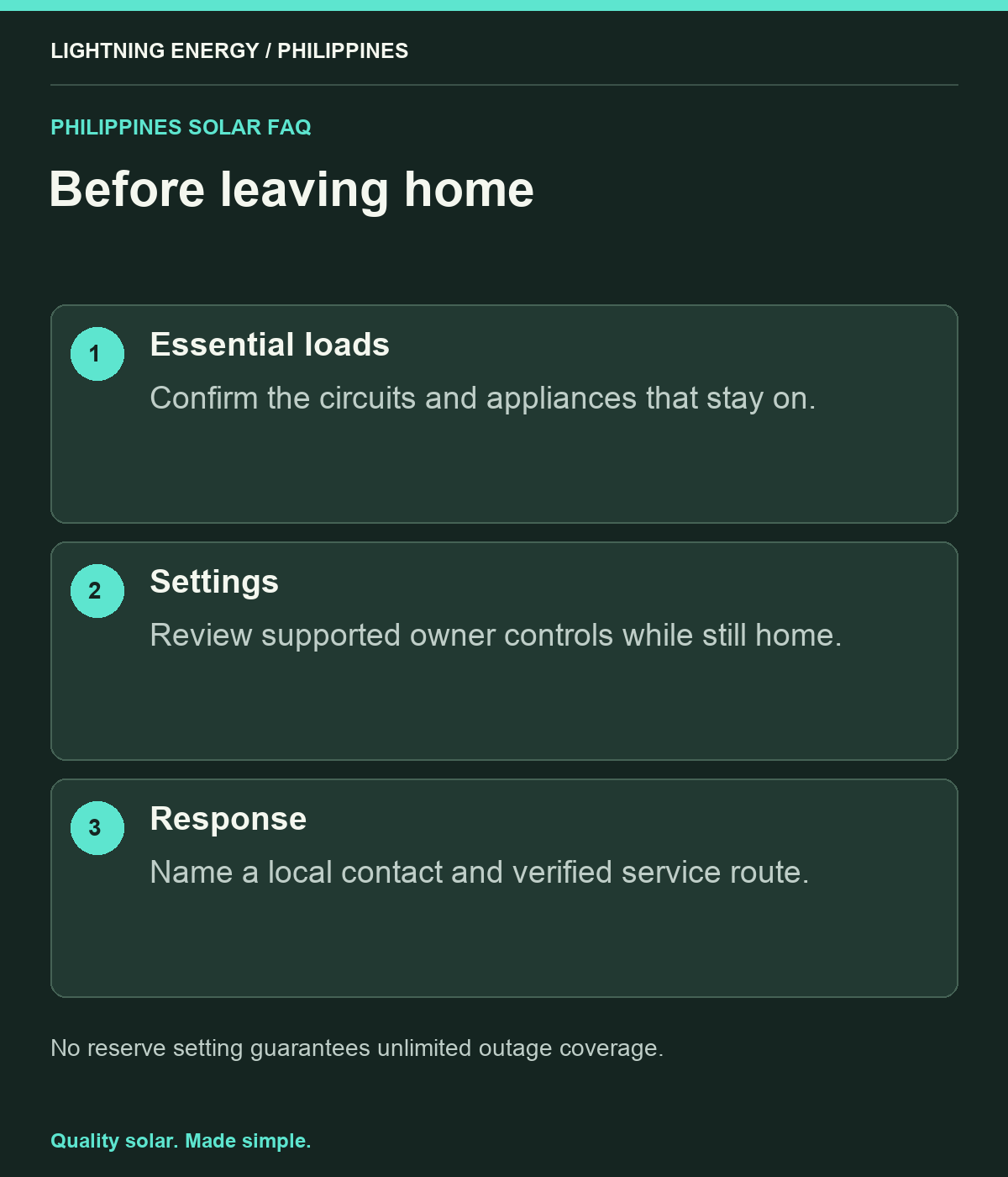 Before leaving home. Essential loads: Confirm the circuits and appliances that stay on. Settings: Review supported owner controls while still home. Response: Name a local contact and verified service route.
