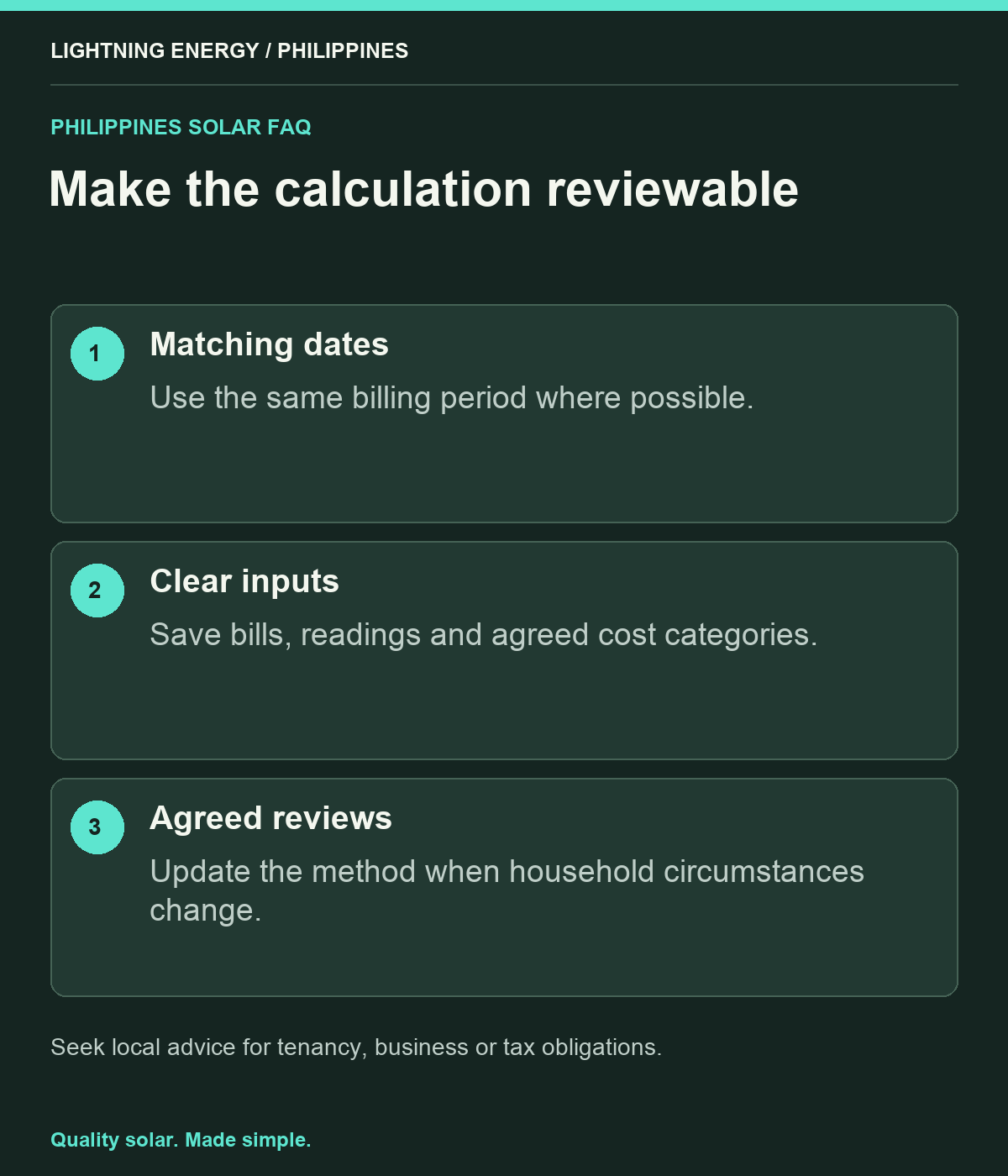 Make the calculation reviewable. Matching dates: Use the same billing period where possible. Clear inputs: Save bills, readings and agreed cost categories. Agreed reviews: Update the method when household circumstances change.
