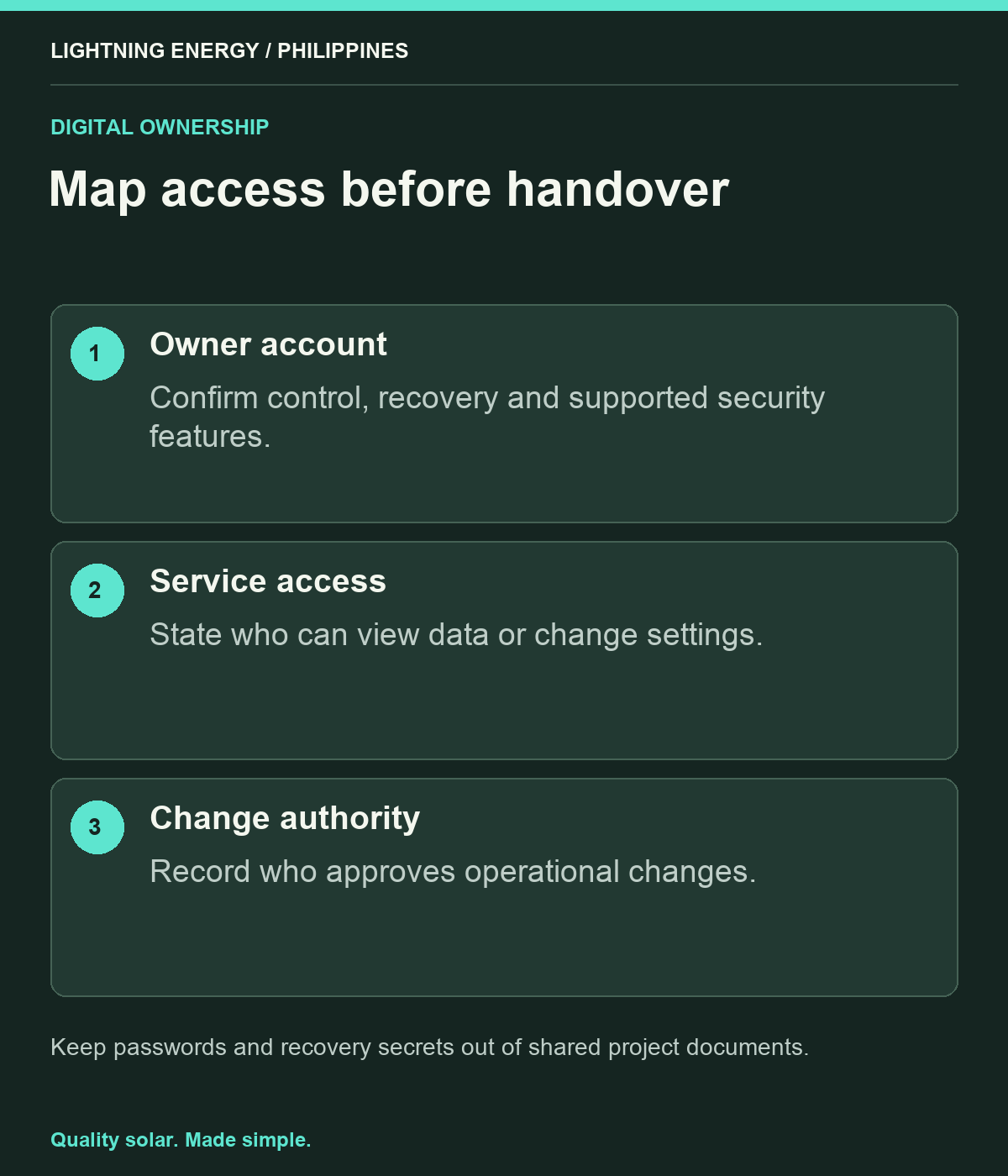 Map access before handover. Owner account: Confirm control, recovery and supported security features. Service access: State who can view data or change settings. Change authority: Record who approves operational changes.