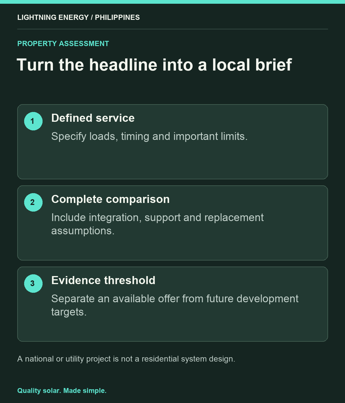 Turn the headline into a local brief. Defined service: Specify loads, timing and important limits. Complete comparison: Include integration, support and replacement assumptions. Evidence threshold: Separate an available offer from future development targets.