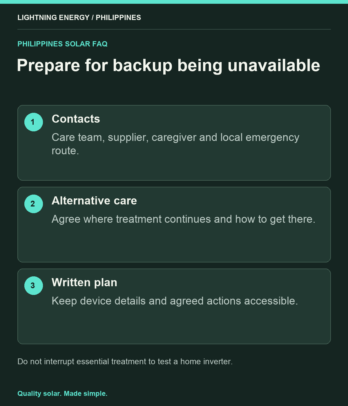 Prepare for backup being unavailable. Contacts: Care team, supplier, caregiver and local emergency route. Alternative care: Agree where treatment continues and how to get there. Written plan: Keep device details and agreed actions accessible.
