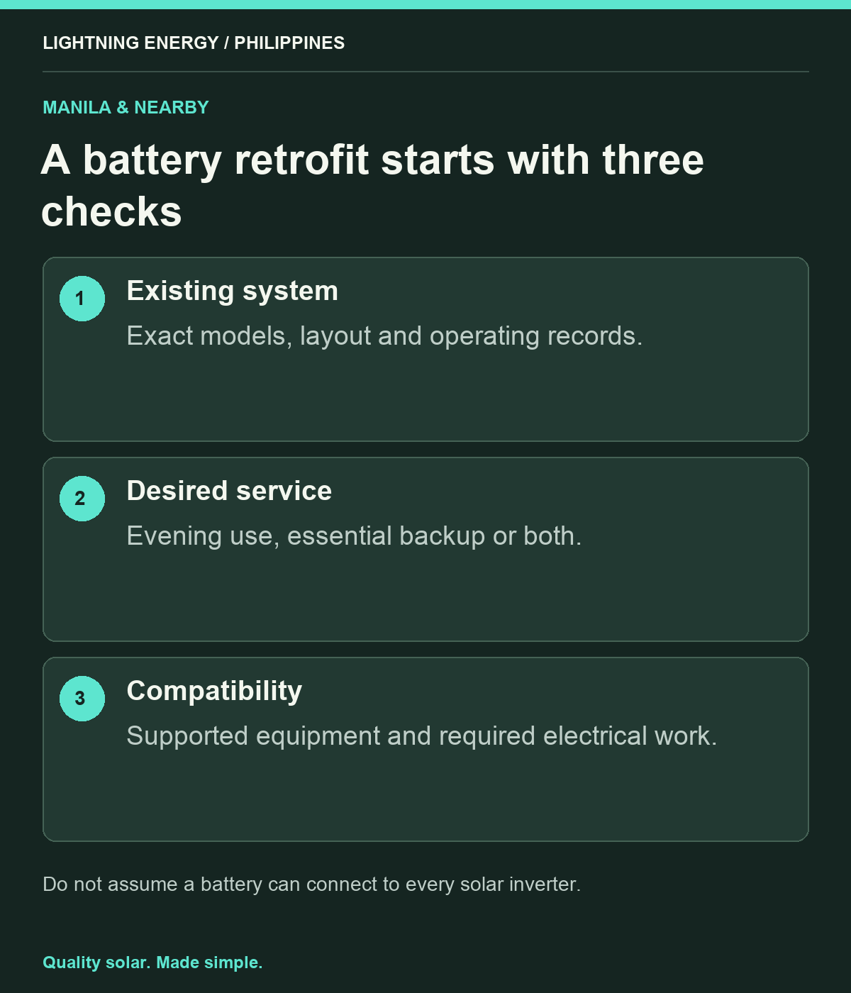 A battery retrofit starts with three checks. Existing system: Exact models, layout and operating records. Desired service: Evening use, essential backup or both. Compatibility: Supported equipment and required electrical work.